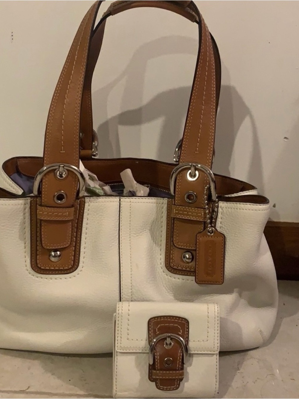 Coach White Leather Tote with Tan Trim and Matching Wallet